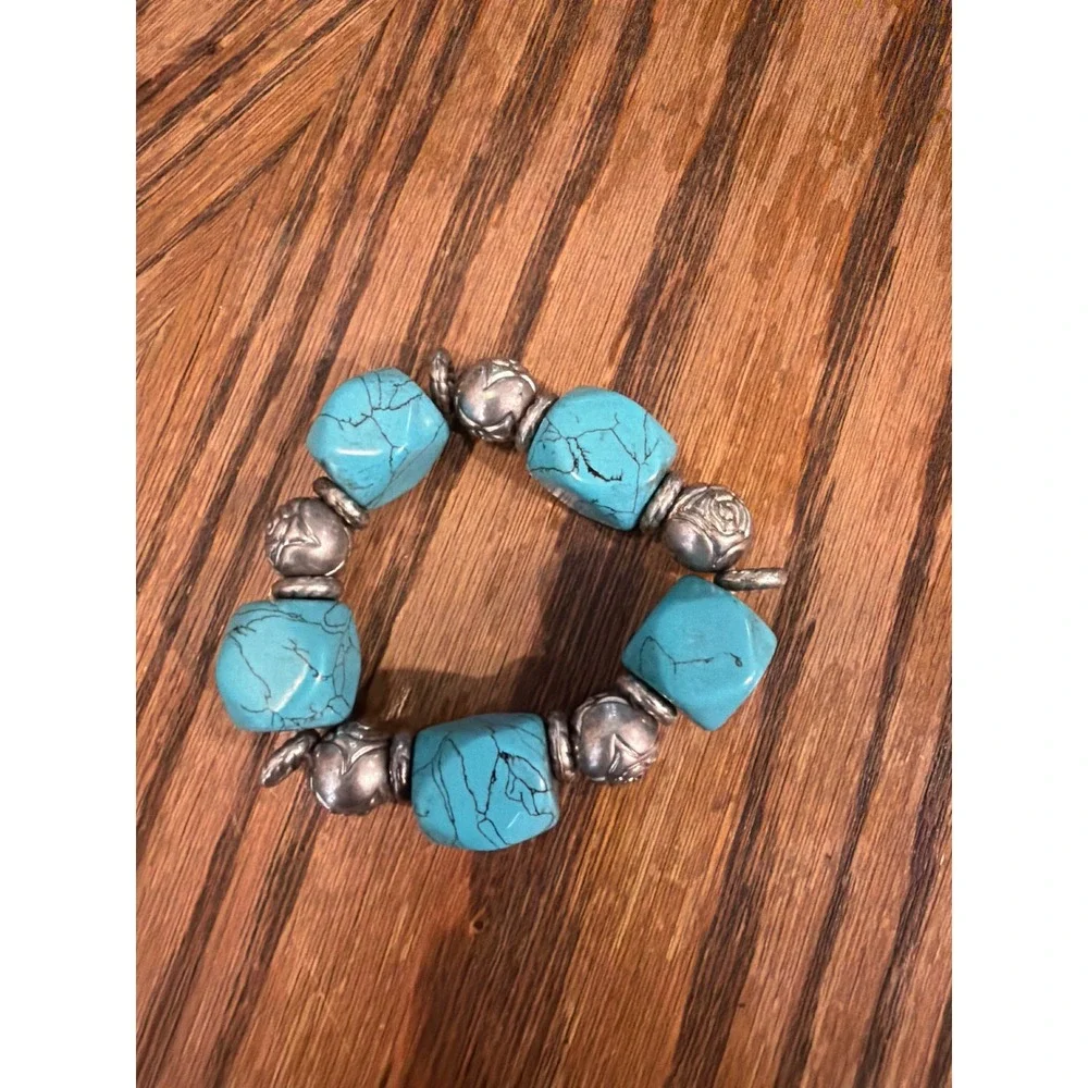 Turquoise Block Bead Stretch Bracelet Silver Floral Rose Spacers Boho Western